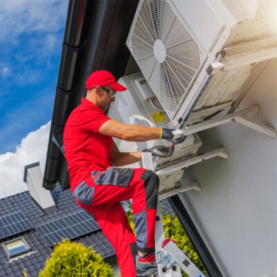 installateur de pompe a chaleur qui installe la pompe sur une maison