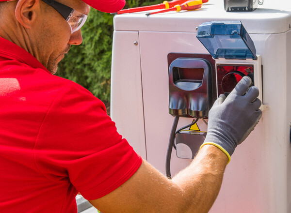 installateur de pompe a chaleur qui branche l'appareil sur le circuit électrique