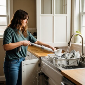 une dame utilisant son évier bouché