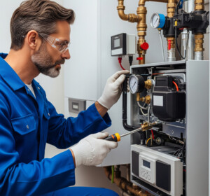 un technicien qui répare une chaudière
