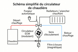 Un schéma qui illustre le fonctionnement d'un circulateur de chaudière
