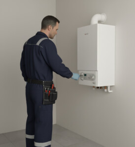chauffagiste qui répare ume chaudière à condensation