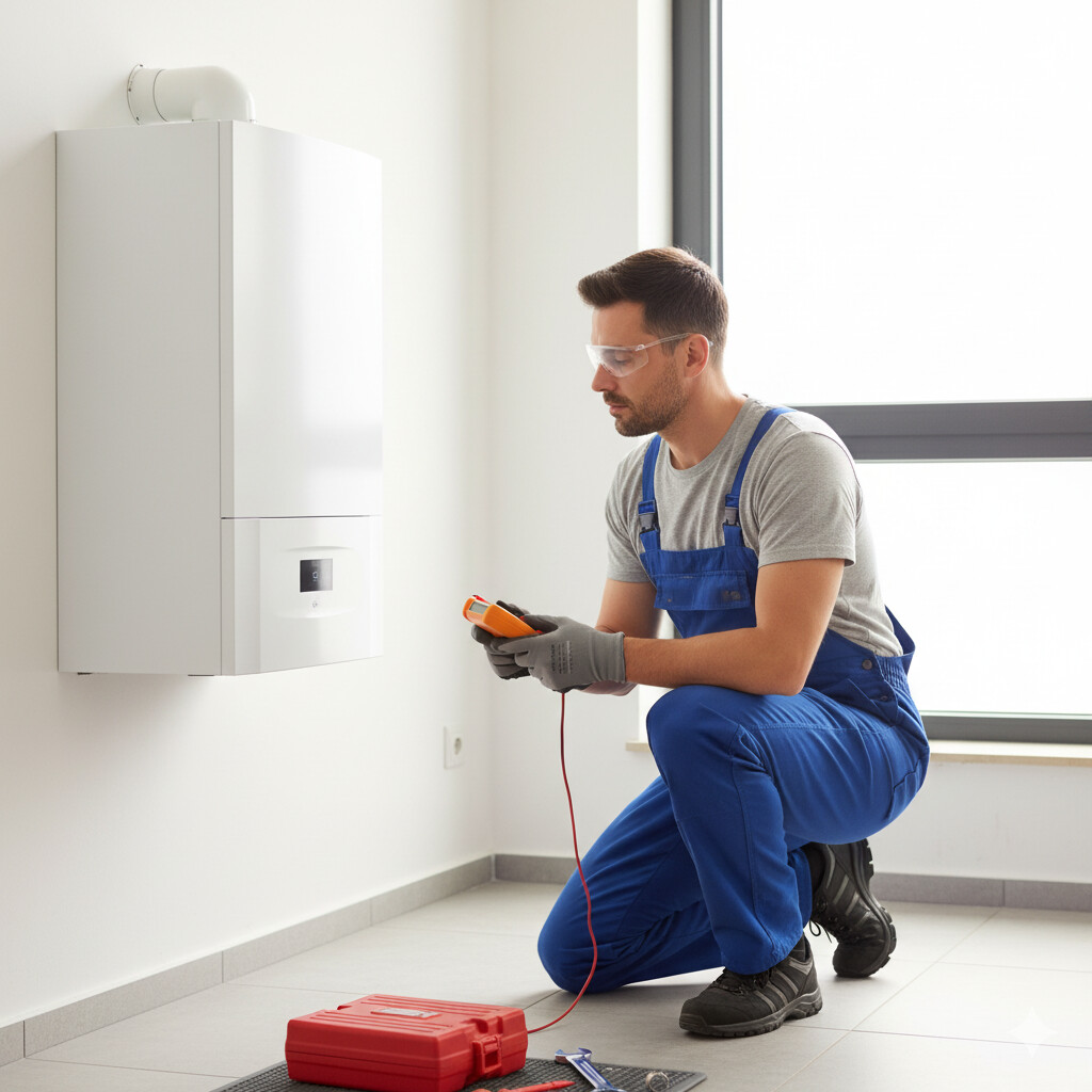 un chauffagiste qui travaille sur une chaudière