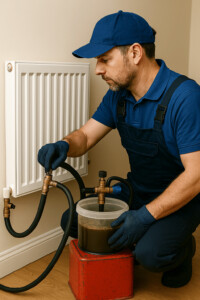 un professionnel qui désemboue un radiateur