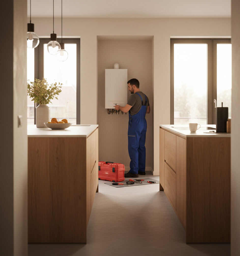 un chauffagiste qui installe une chaudière à gaz