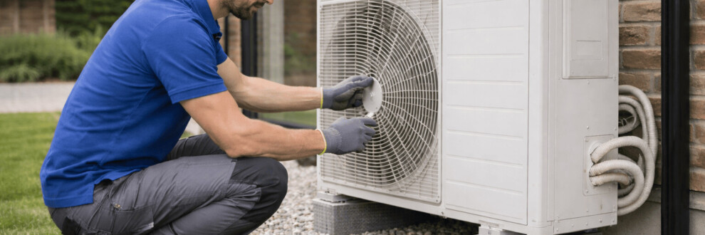 Un technicien qui installe une pompe à chaleur