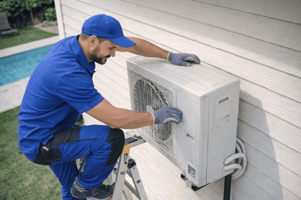 Un technicien qui installe une pompe à chaleur