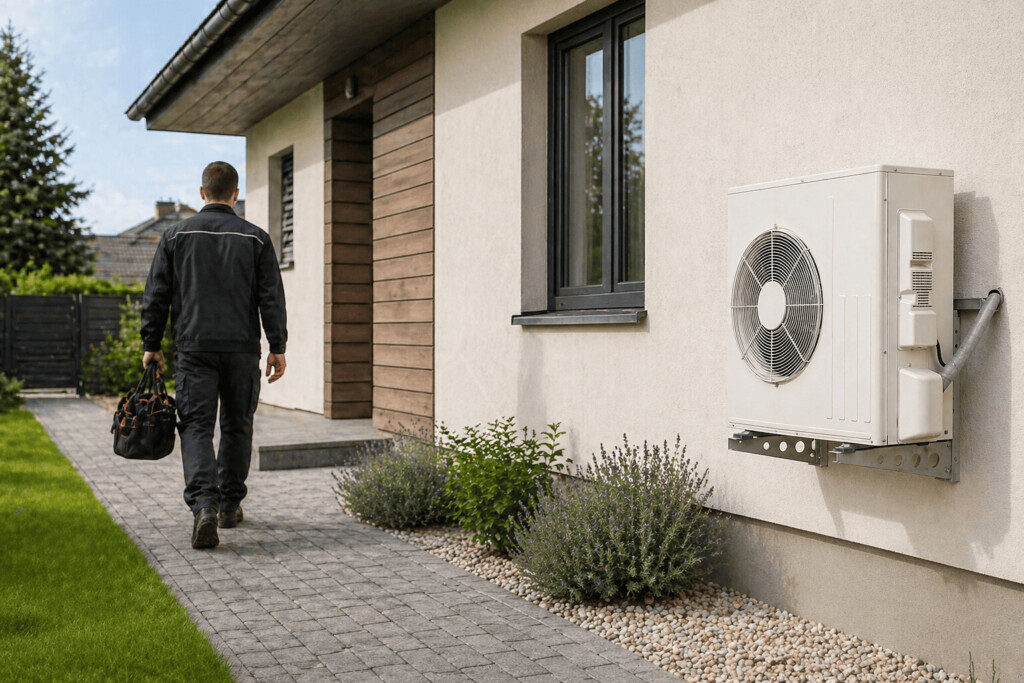 Un chauffagiste qui a fini de réparer une pompe à chaleur