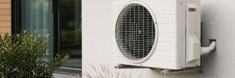 Pompe à chaleur installée sur un mur à l'extérieur