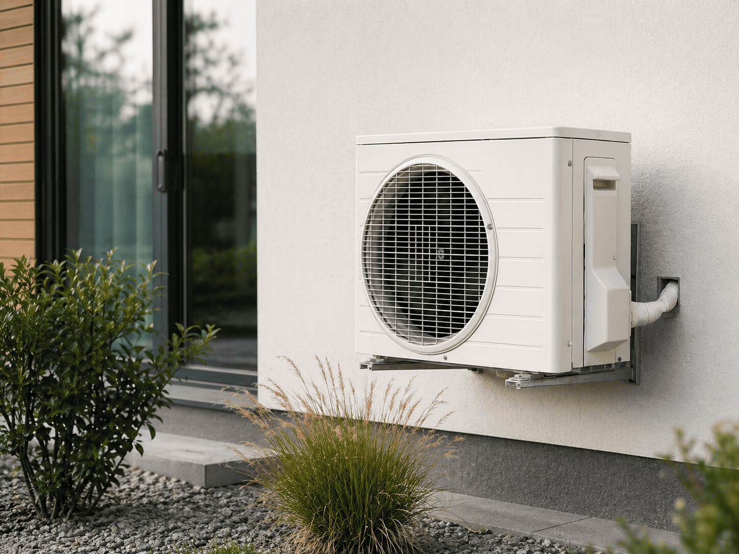 Pompe à chaleur installée sur un mur à l'extérieur