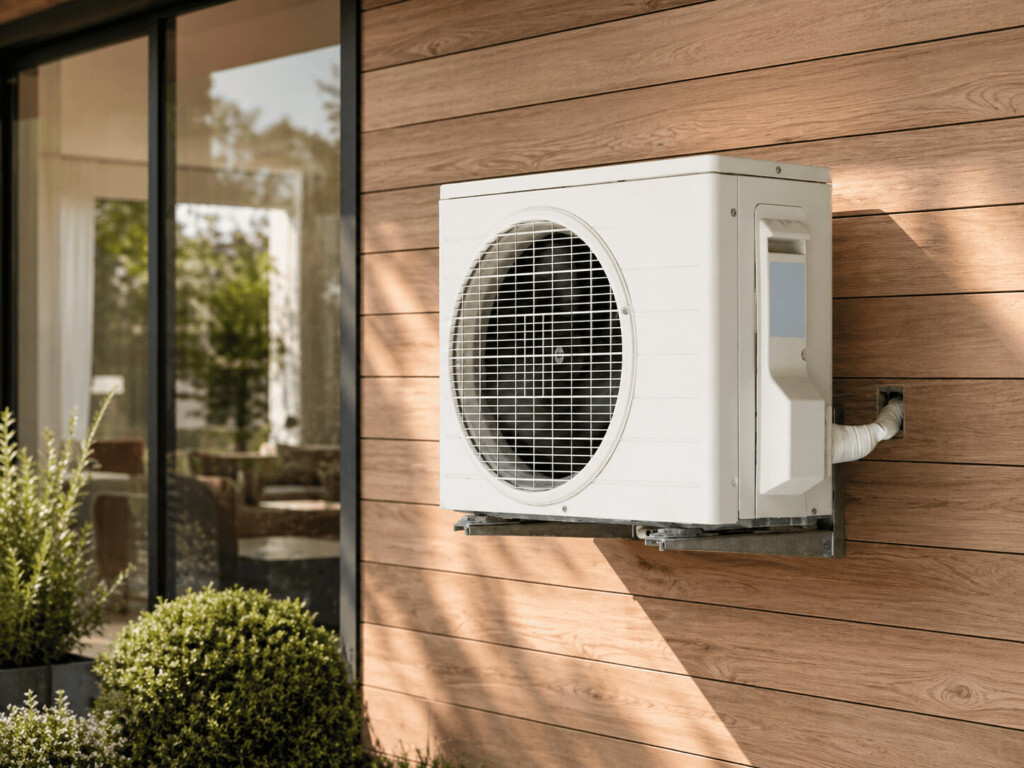 Pompe à chaleur installée sur un mur à l'extérieur