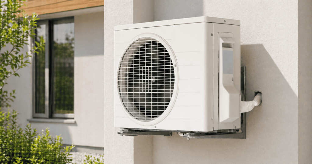 Pompe à chaleur installée sur un mur à l'extérieur