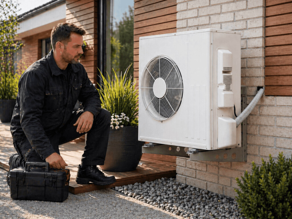 Un chauffagiste qui vient réparer une pompe à chaleur