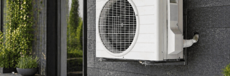 Pompe à chaleur installée sur un mur à l'extérieur