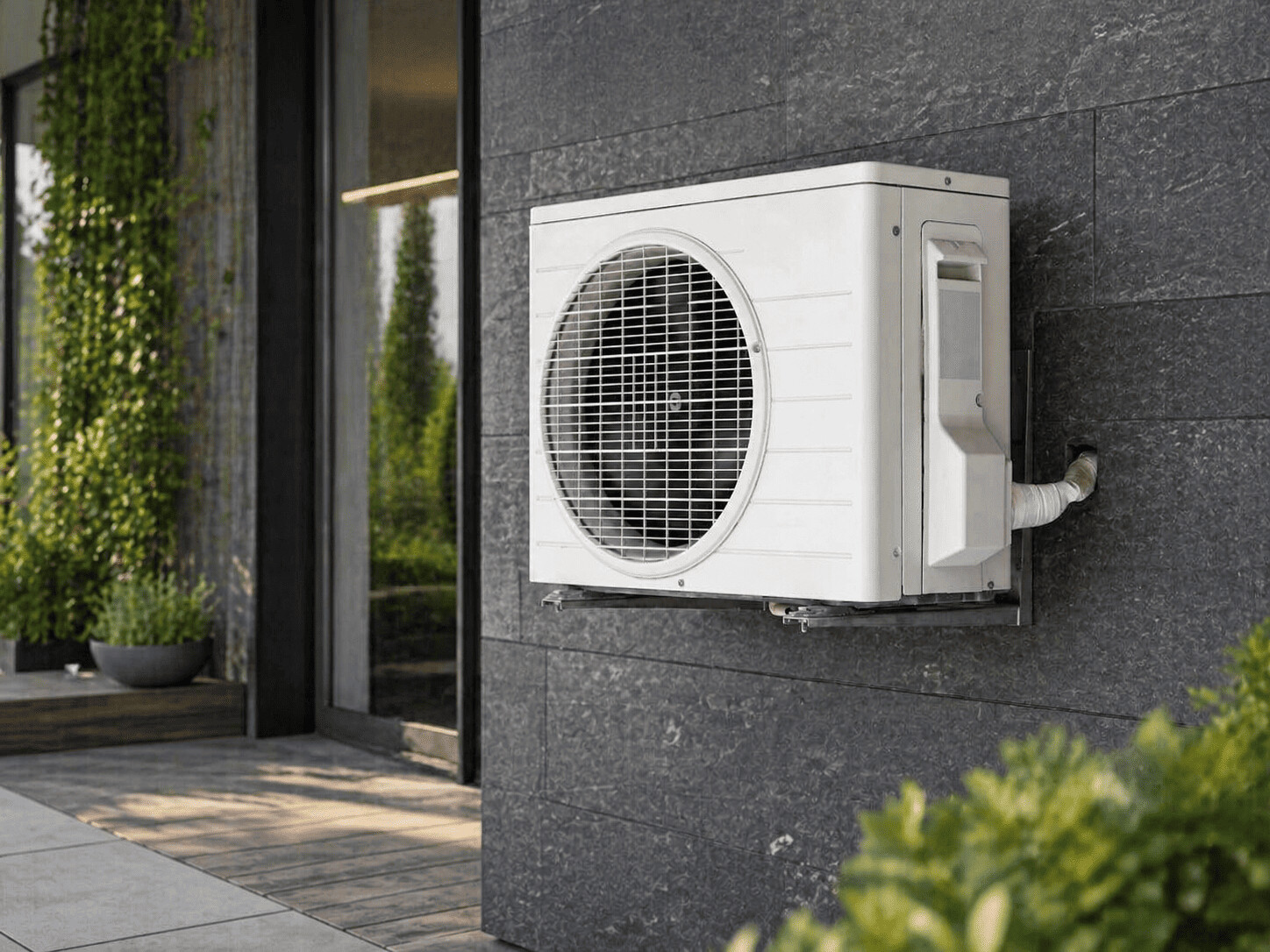 Pompe à chaleur installée sur un mur à l'extérieur