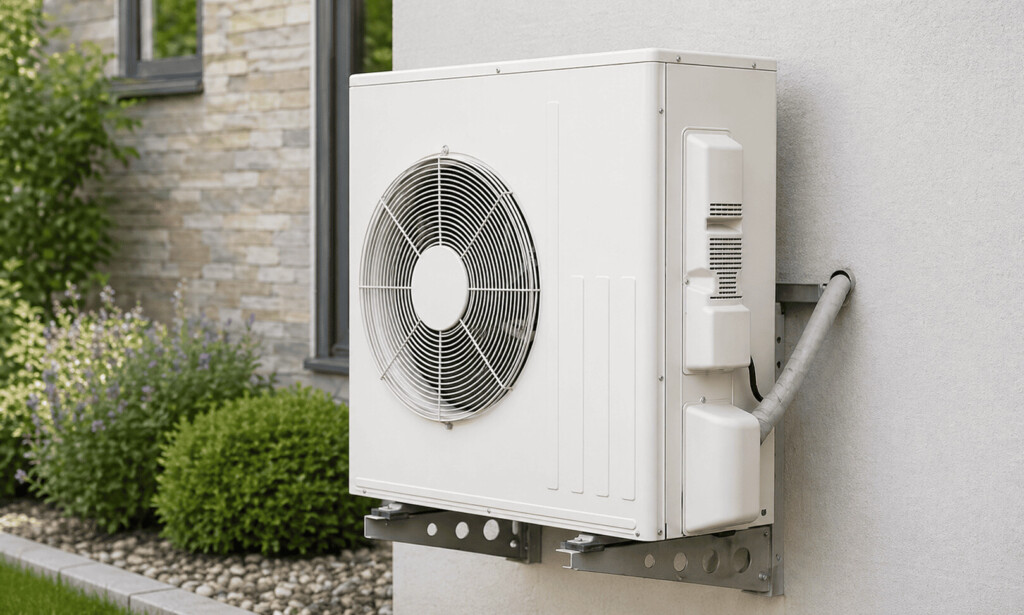 Pompe à chaleur installée sur un mur à l'extérieur