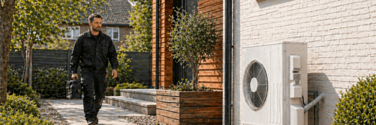 Un chauffagiste qui vient réparer une pompe à chaleur