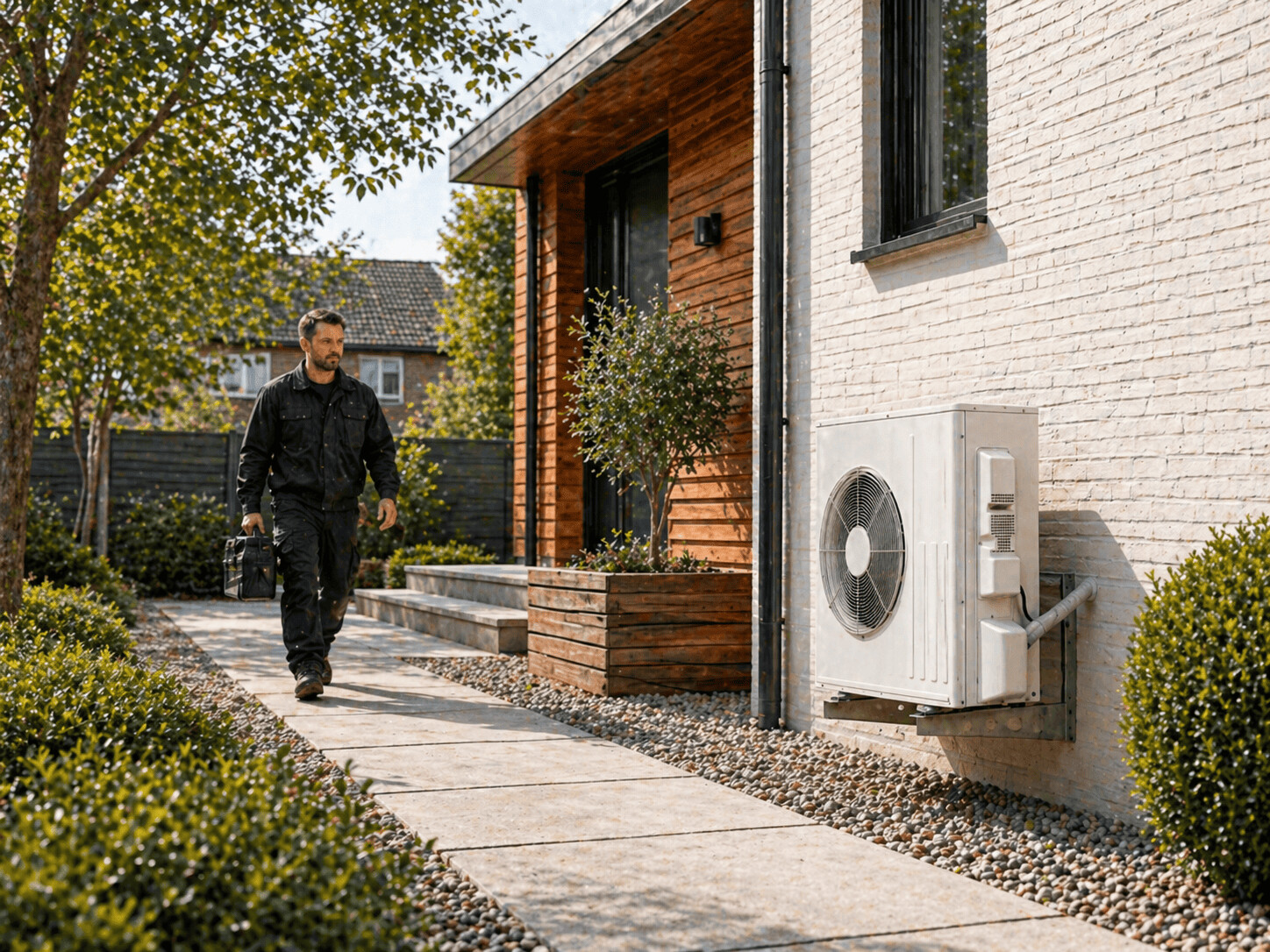 Un chauffagiste qui vient réparer une pompe à chaleur