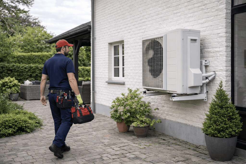 Un technicien qui va réparer une pompe à chaleur qui ne fonctionne pas 