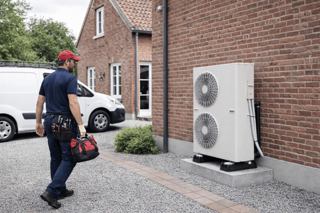 un technicien qui va travailler sur une pompe à chaleur air-eau