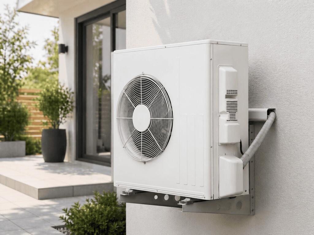 Pompe à chaleur installée sur un mur à l'extérieur