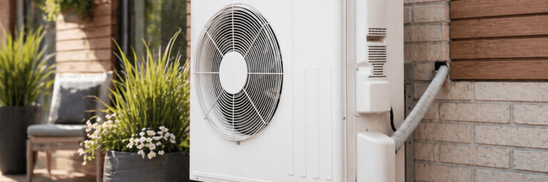 Pompe à chaleur installée sur un mur à l'extérieur