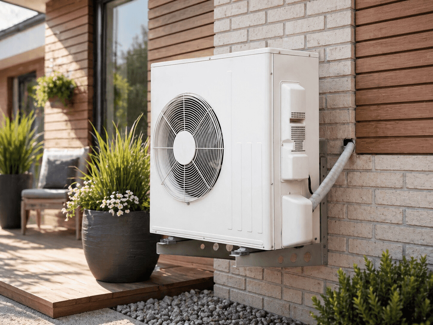 Pompe à chaleur installée sur un mur à l'extérieur